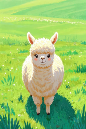 Illustration of a cute white alpaca on a green meadowの素材