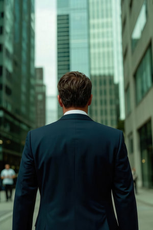 Back view of a businessman in a suit looking at the city.の素材