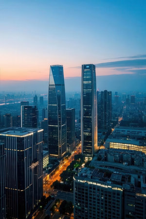 Aerial view of Shanghai at sunset, China. Shanghai is the financial center of China.の素材