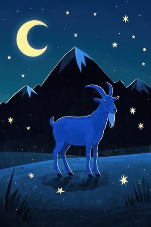 illustration of a goat on the background of the night starry skyの素材