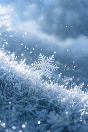 Snowflake on the grass in the winter forest. Winter background.の素材