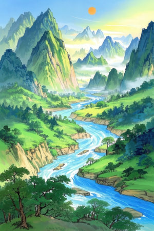 Beautiful landscape with river and mountains. Digital painting. Vector illustration.の素材