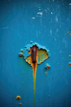 Old blue metal door with rusty bolt. Background and texture for design.の素材