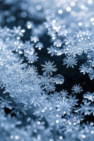 Snowflakes on a dark blue background close-up macro photographyの素材