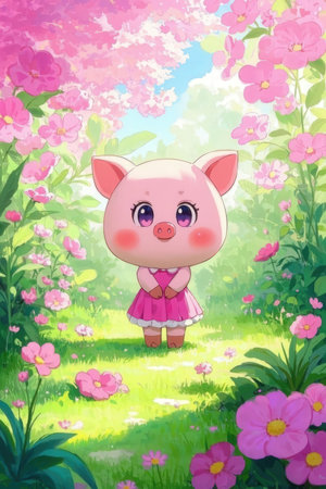 Cute little pig in a pink dress stands in the garden among the flowers.の素材