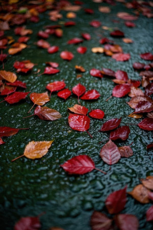 Autumn leaves in the rain. Autumn background. Selective focus.の素材