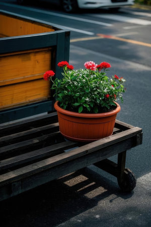 Flowers in a pot on a wooden bench in the street.の素材