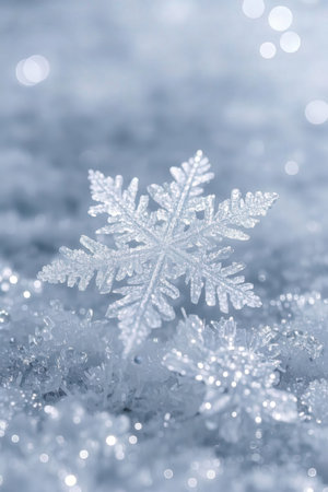 Snowflake on the snow in the winter. Christmas and New Year backgroundの素材