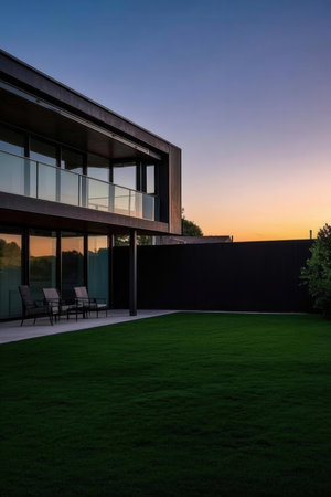 Sunset in a modern house, with a beautiful lawn and chairsの素材
