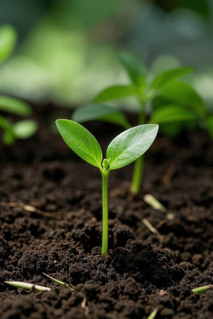 Close up of young green pepper seedling growing in the soil.の素材