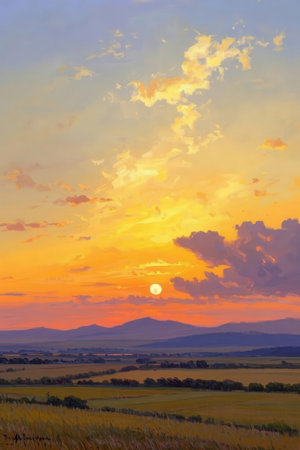 Sunset over wheat field with sun and mountains in the background.の素材