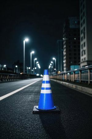 Traffic cone on the road in the city at night. Conceptual image.の素材