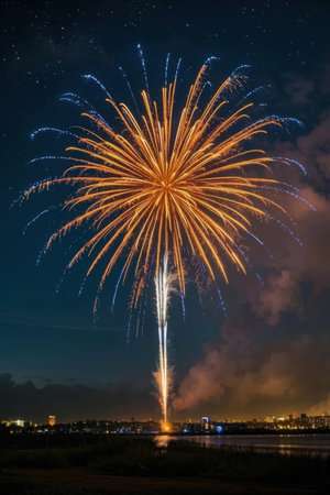 Colorful fireworks on the background of the night sky with stars.の素材