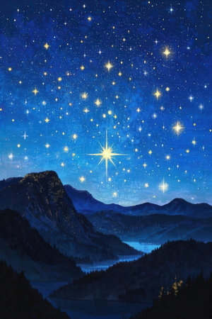 Starry sky with stars and mountain landscape. Digital painting illustration.の素材