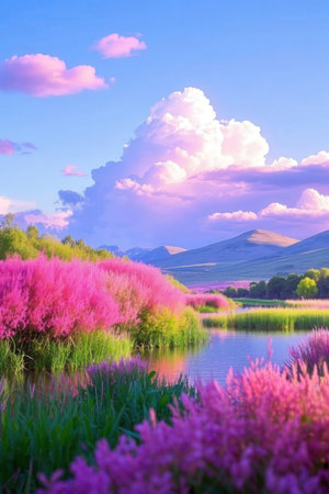 Beautiful landscape with lake and pink flowers in the mountains. Sunsetの素材