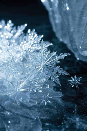 Christmas background with snowflakes on a dark background. Shallow dof.の素材