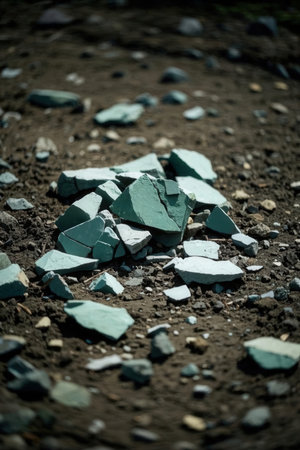 Broken glass on the ground. Shallow depth of field. Toned.の素材