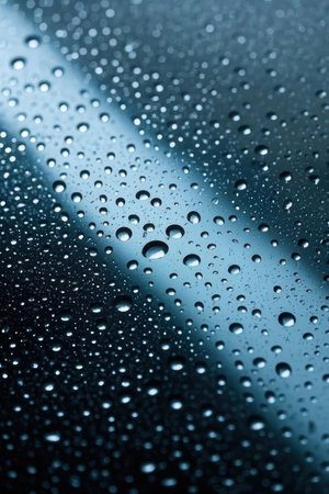 Water drops on the window, close-up. Blue background.の素材