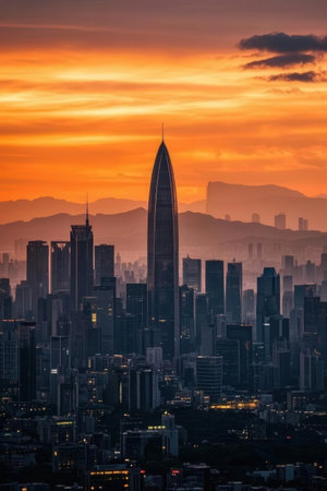 Beautiful architecture building exterior cityscape of hong kong city skyline at sunsetの素材