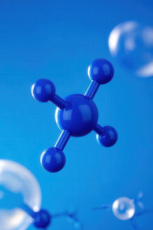 Molecule structure on a blue background. 3d rendering.の素材