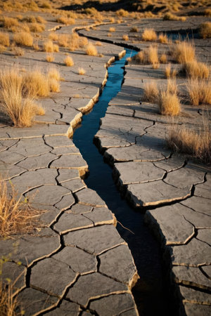Dry and cracked soil in the arid landscape of Argentina.の素材