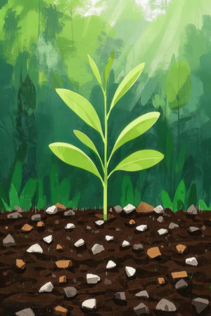 Green sprout growing from the ground in the forest. Vector illustration.の素材