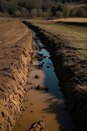 A small stream flows through a trench in the middle of a field.の素材