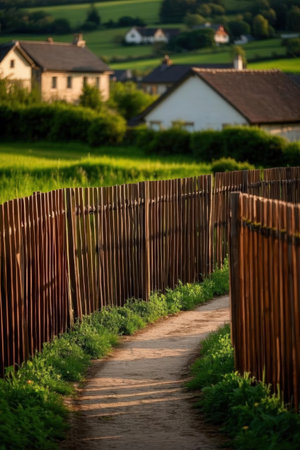 Wooden fence in the middle of a green meadow in summerの素材