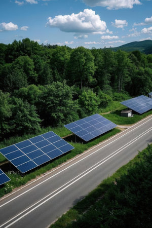 Solar panels on the road in the forest. Alternative energy source.の素材