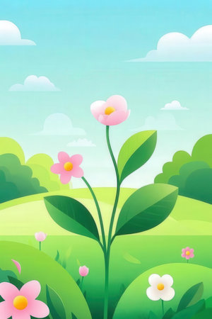 Spring background with meadow, grass and flowers. Vector illustration.の素材