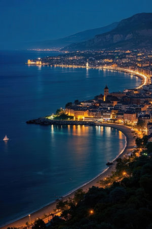 Panoramic view of Sorrento at night, Campania, Italyの素材