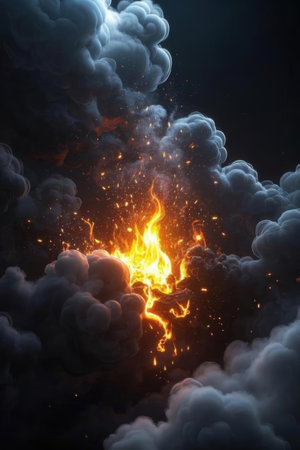 Fiery explosion with smoke and fire on black background. 3d illustrationの素材