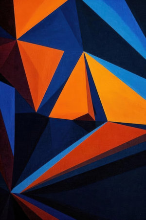 Abstract background of geometric shapes in blue, orange and black colors.の素材