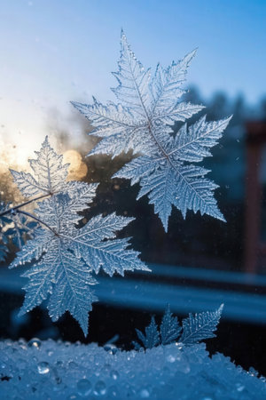 Frosty natural pattern on the frozen window glass. Winter backgroundの素材