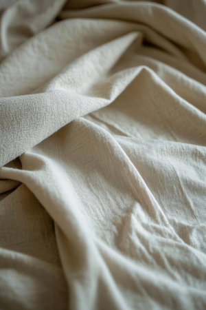 Crumpled white fabric texture background. Close up. Selective focus.の素材