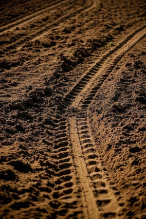 Wheel tracks on the soil. Tractor tracks on the soil.の素材