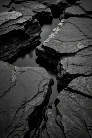 Black and white image of rocks and water in a shallow river.の素材