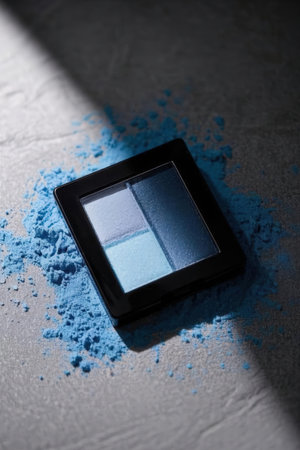 Blue eyeshadow palette on a dark background. Selective focus.の素材
