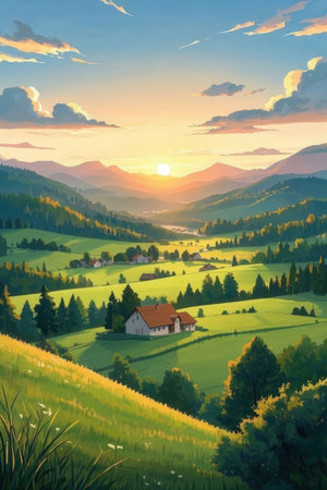 Sunset in the mountains. Rural landscape with meadow, forest and village.の素材