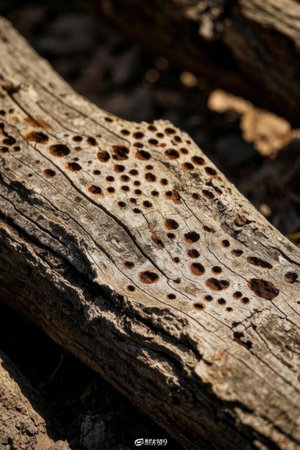 Close up of a weathered tree trunk with holes in it.の素材