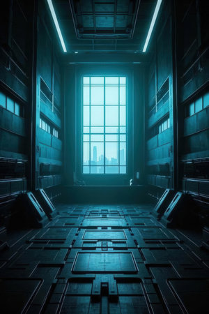 Interior of a dark abandoned industrial building with a window in the centerの素材