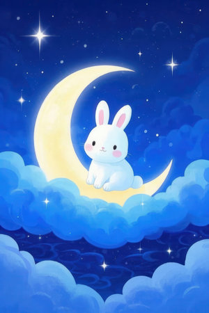 cute white rabbit on the moon in the night sky with cloudsの素材