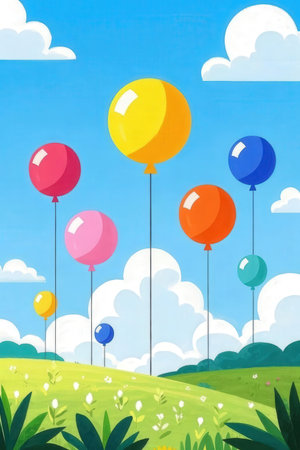 Illustration of balloons in the meadow with clouds in the backgroundの素材