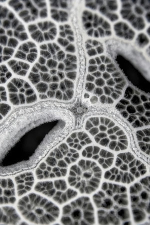 Close up of a leaf with holes in it, black and whiteの素材