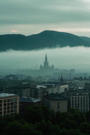Aerial view of the city of Budapest in Hungary with fog.の素材