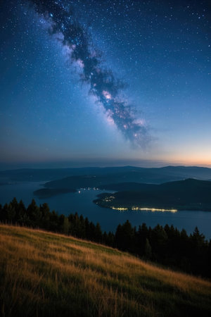 Milky Way over the lake in the Carpathians, Ukraineの素材