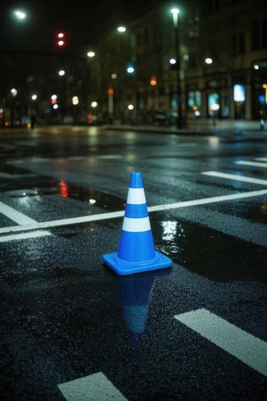 Traffic cone on a wet street in the city at night.の素材