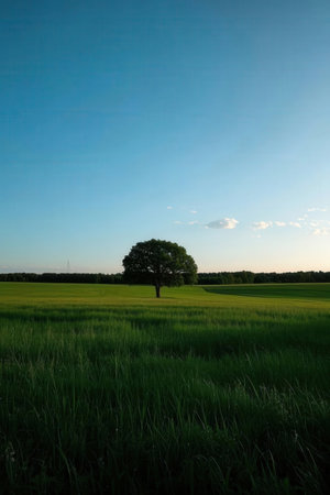 Lonely tree in a green field with blue sky and cloudsの素材