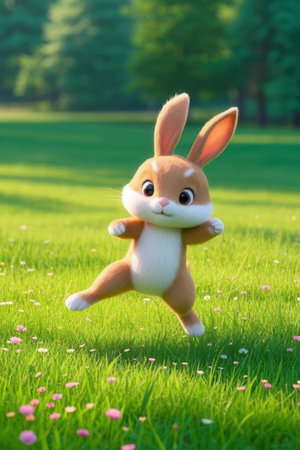 Easter bunny on green grass in the park, soft focus backgroundの素材