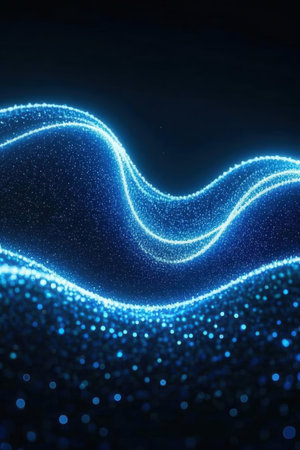 Abstract blue particles wave background. Futuristic technology style. 3D Renderingの素材